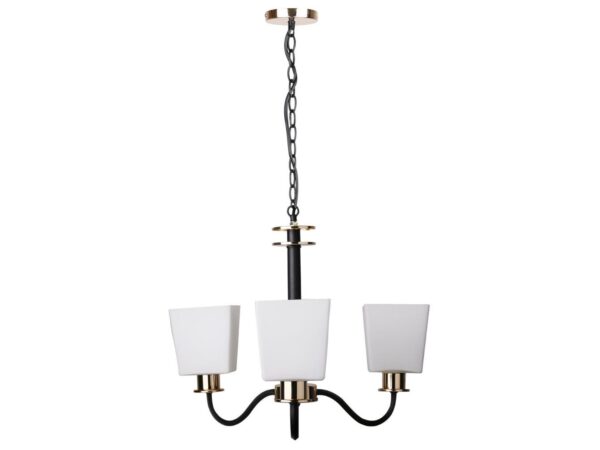 Lampa wisząca Romitino na czarnym łańcuchu ze złotymi detalami i trzema białymi kloszami