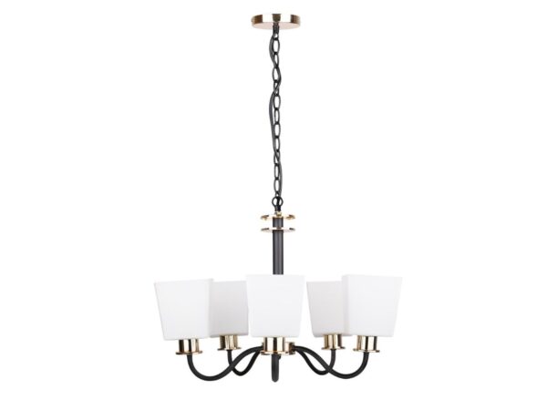 Lampa wisząca Romitino z pięcioma białymi kloszami, czarnymi ramionami i złotymi detalami