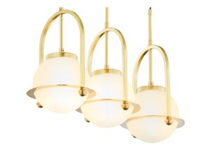 Miniaturka 7 - Lampa wisząca Rosso mosiądz patynowany, zbliżenie na trzy mleczne klosze i metalowe ramiona