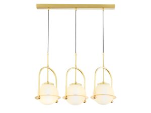 Miniaturka 1 - Lampa wisząca Rosso w kolorze mosiądzu patynowanego, trzy białe klosze, widok główny