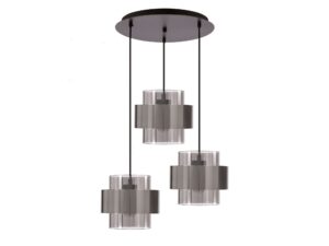 Miniaturka 4 - Lampa wisząca Salidena z trzema dymionymi szklanymi kloszami i satynowanymi niklowymi obręczami