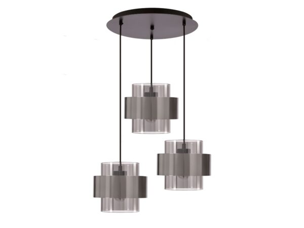 Lampa wisząca Salidena z trzema dymionymi szklanymi kloszami i satynowanymi niklowymi obręczami