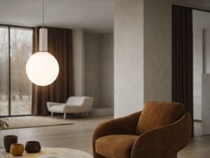 Miniaturka 2 - Lampa wisząca Salinira w salonie nad stolikiem z brązowym fotelem