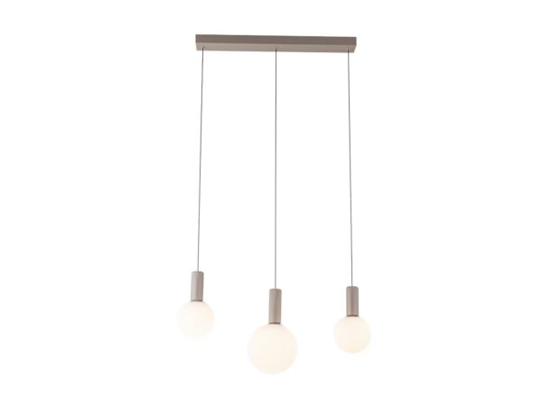 Lampa wisząca Salinira z trzema białymi kulistymi kloszami na beżowym zawieszeniu