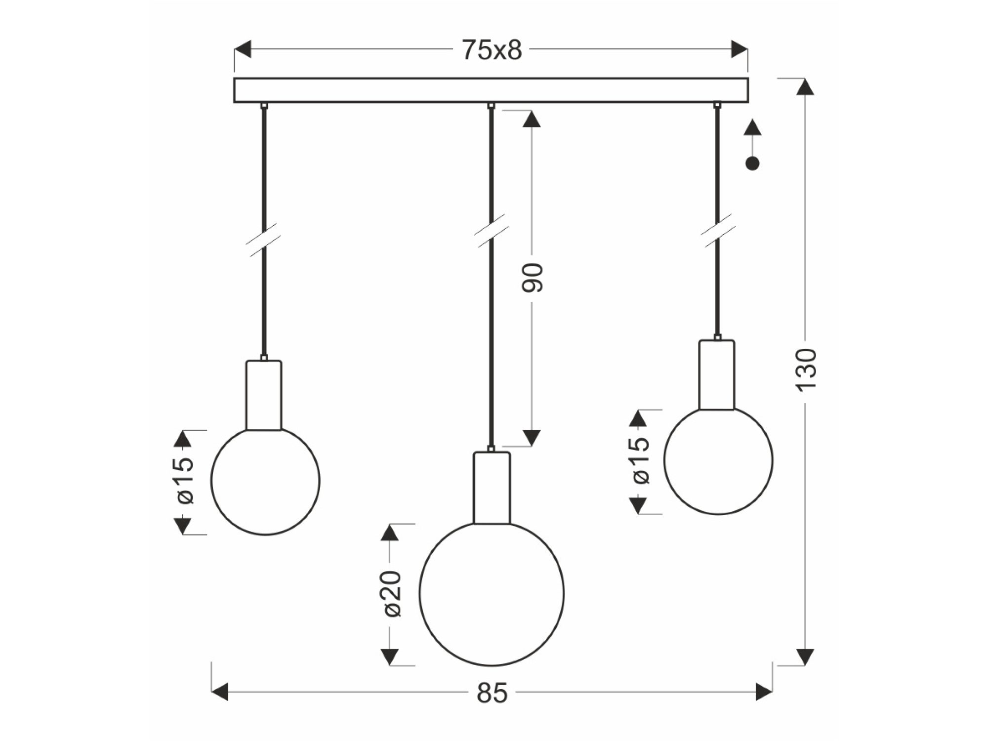 Lampa wisząca Salinira na rysunku wymiarowym z szerokością 85 cm