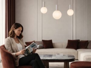Miniaturka 3 - Lampa wisząca Salinira w salonie z beżowym zawieszeniem i białymi kulami