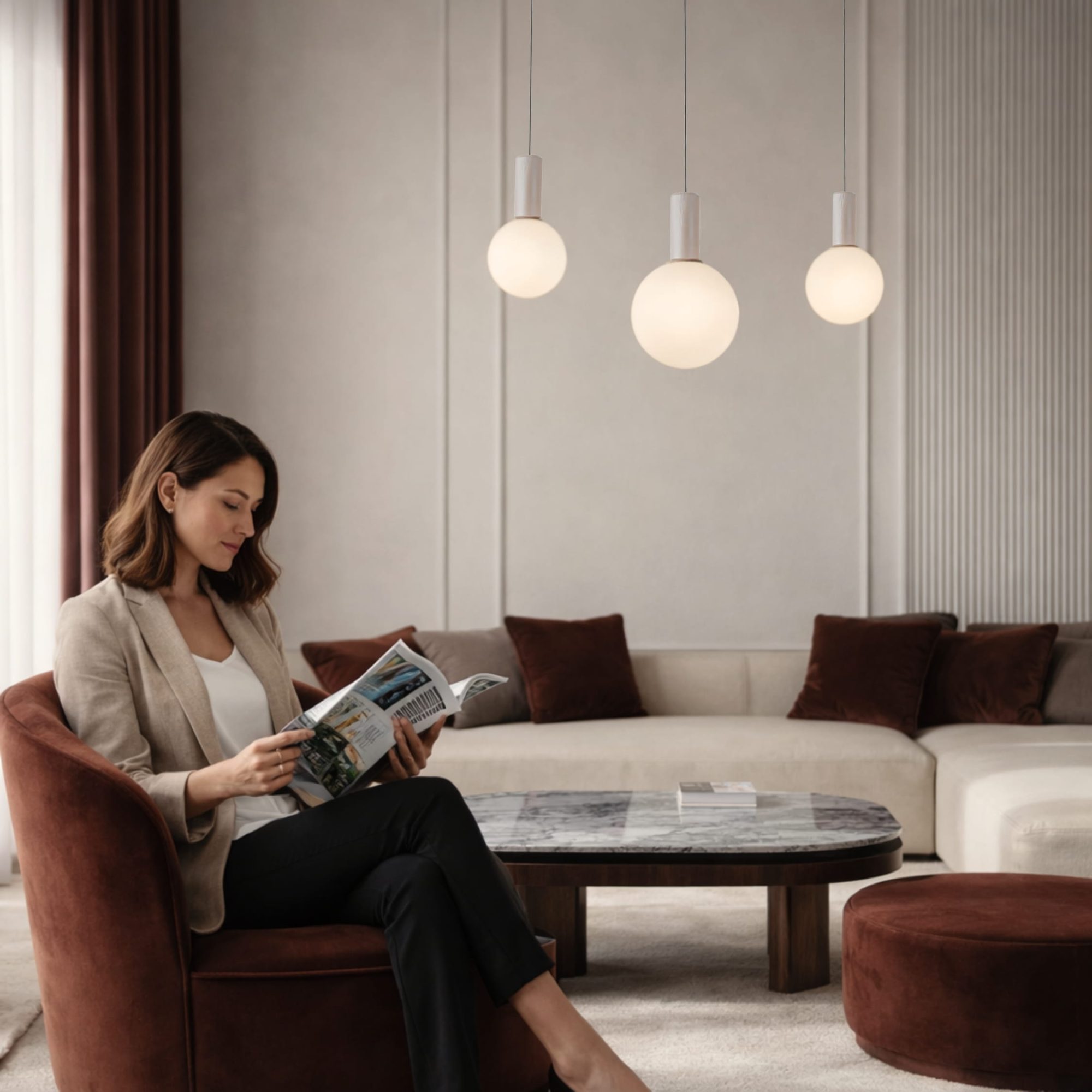 Lampa wisząca Salinira w salonie z beżowym zawieszeniem i białymi kulami