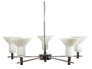 Miniaturka 3 - Lampa wisząca Salitora chromowana z pięcioma białymi kloszami G9