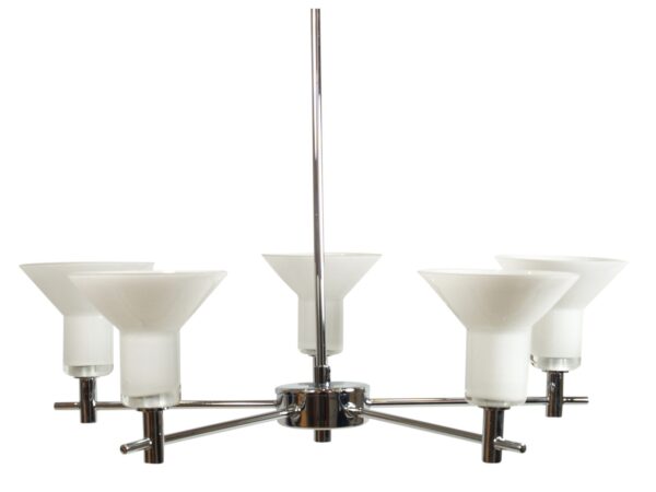 Lampa wisząca Salitora chromowana z pięcioma białymi kloszami G9