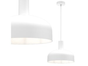 Miniaturka 6 - Zbliżenie białego metalowego klosza kopułowego lampy wiszącej Salorino