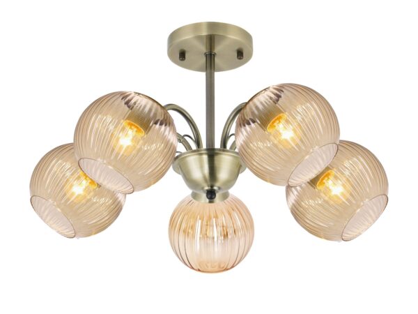 Lampa wisząca Salovina z pięcioma bursztynowymi kulami na patynowanym stelażu