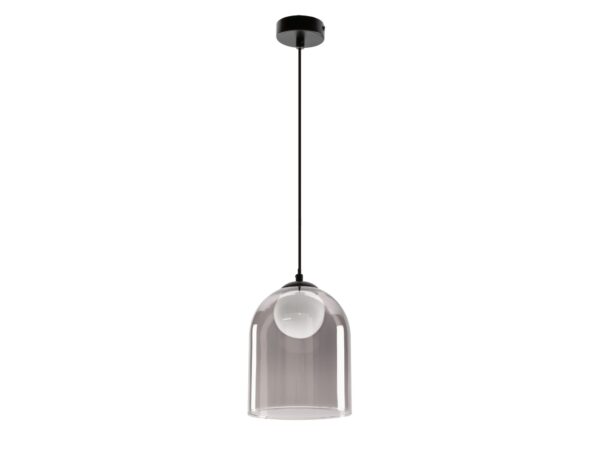 Lampa wisząca Sarelino z przydymionym szklanym kloszem i białą kulą.