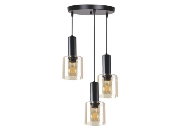 Lampa wisząca Saroseta czarna z trzema bursztynowymi szklanymi kloszami