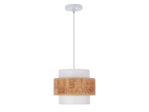 Lampa wisząca Saveria z białym cylindrycznym abażurem i beżowym pasem o korkowym wzorze