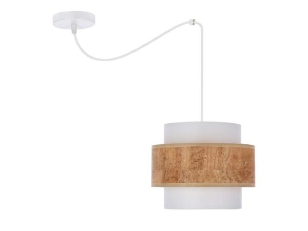 Lampa wisząca Saveria z białym abażurem i beżowym pasem na jasnym tle
