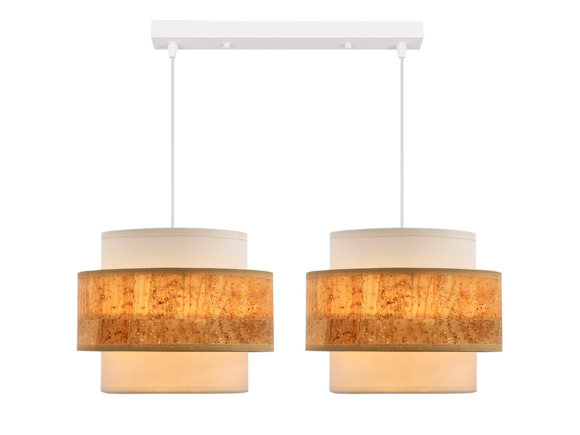 Dwa jasne abażury lampy wiszącej Saveria widziane z boku
