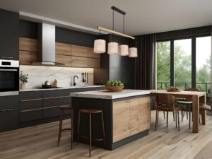 Miniaturka 3 - Lampa wisząca Savilina w aranżacji kuchni z drewnianymi frontami