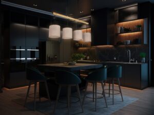 Miniaturka 1 - Lampa wisząca Savilina z czterema beżowymi abażurami nad wyspą kuchenną