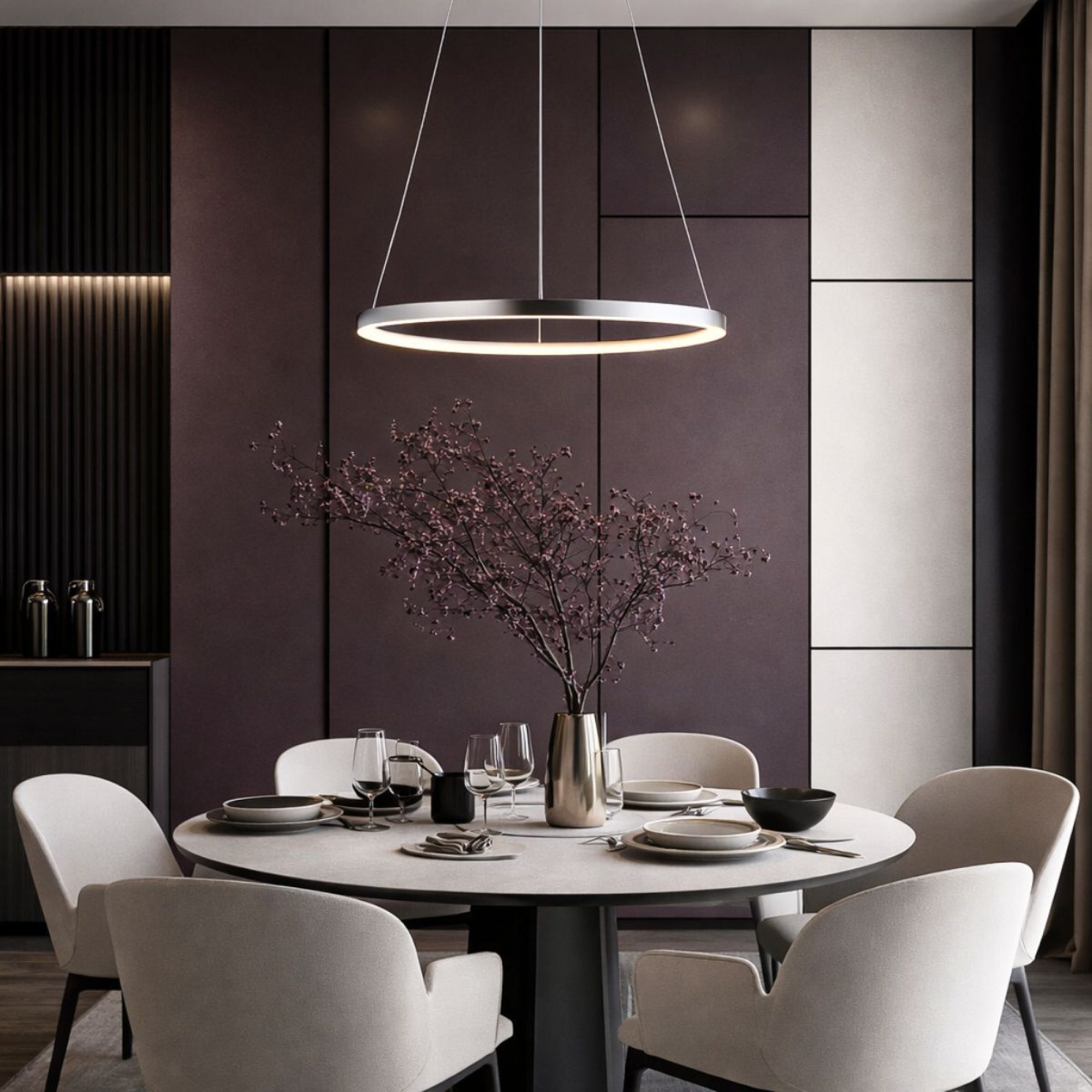 Chromowana lampa Selavona LED 40 cm nad stołem jadalnianym