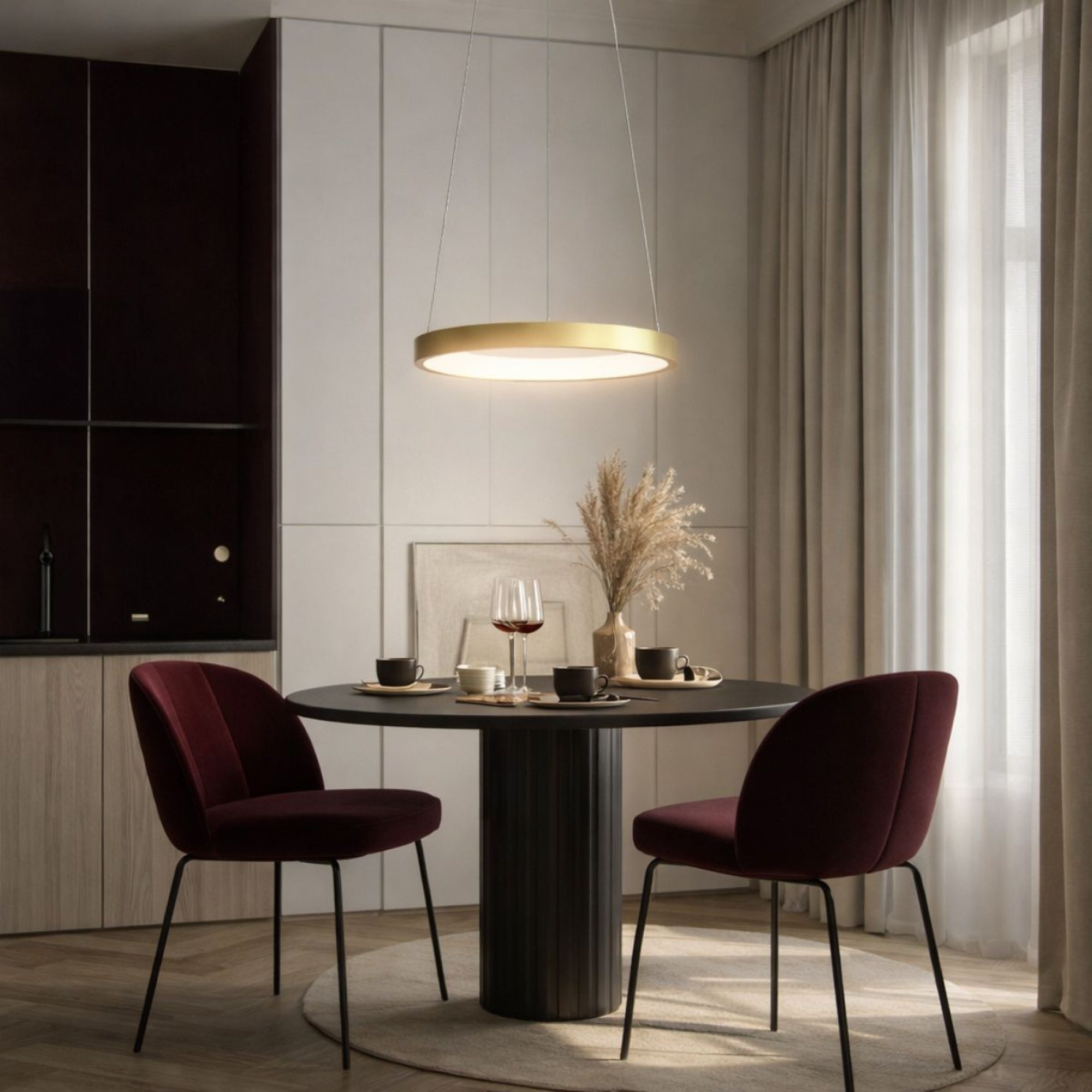 Złota lampa wisząca Selavona 40 cm nad stołem w jadalni