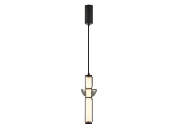 Czarna lampa wisząca LED Selireta 19 W na białym tle, cała oprawa
