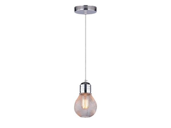 Lampa wisząca Seliso chrom 1xE27 – druciany klosz w kształcie żarówki na białym tle