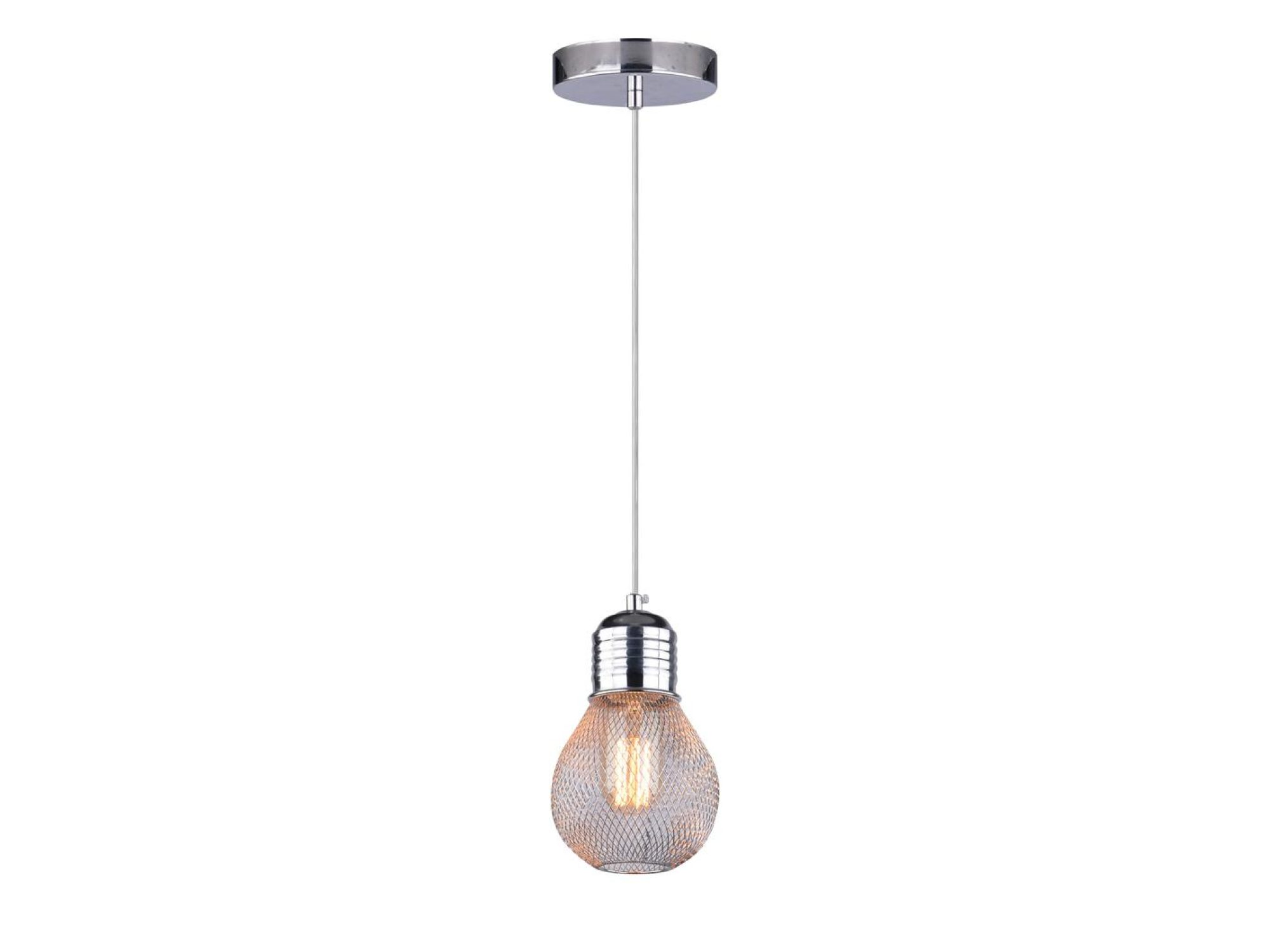 Lampa wisząca Seliso chrom 1xE27 – druciany klosz w kształcie żarówki na białym tle