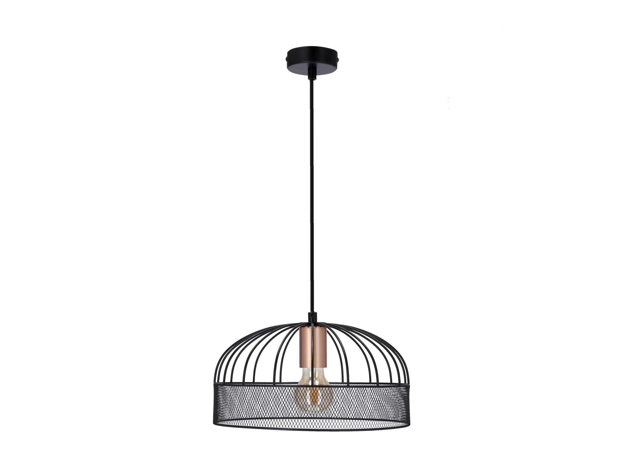 Selitona lampa wisząca detal budowy czarnego klosza z siatką