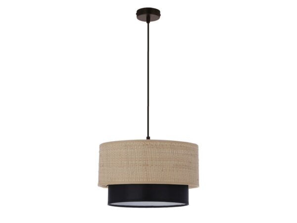 Lampa wisząca Selodio czarna z beżowym plecionym abażurem i czarną dolną osłoną