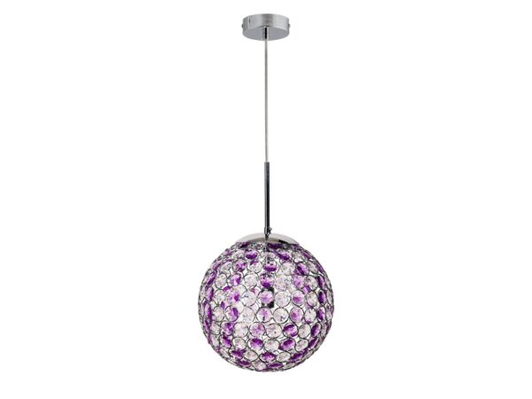 Lampa wisząca Serelia z kulą z fioletowych i przezroczystych kryształków oraz chromowanym zawieszeniem