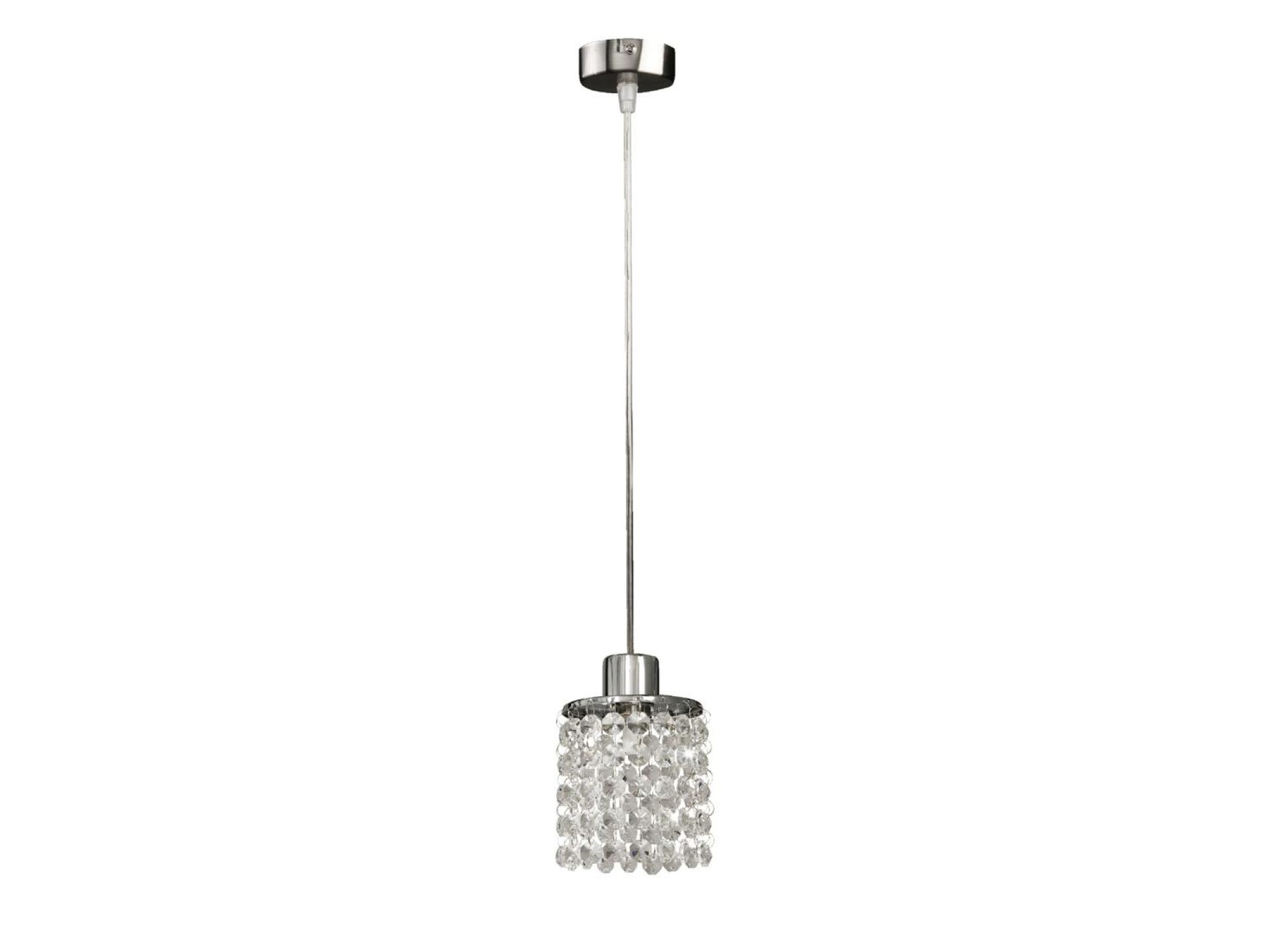 Lampa wisząca Serotora z chromowaną oprawą i przezroczystymi kryształkami w cylindrycznym kloszu