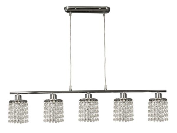 Lampa wisząca Serotora z pięcioma kloszami z przezroczystych kryształków na chromowanej listwie