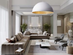Miniaturka 8 - Lampa wisząca Sfera z białą kopułą i złotym wnętrzem w salonie