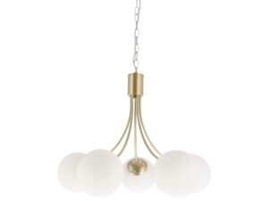 Miniaturka 1 - Lampa wisząca Silavona pięciopunktowa z białymi szklanymi kulami i mosiężnymi ramionami