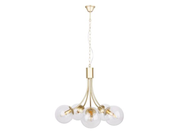 Lampa wisząca Silavona z pięcioma przezroczystymi szklanymi kloszami na mosiężnych ramionach
