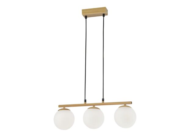 Lampa wisząca Siledora trzy białe szklane klosze i jasne drewno