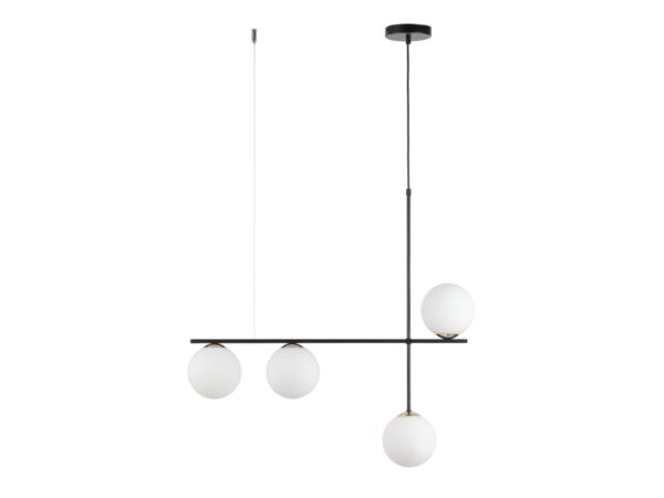 Lampa wisząca Silia 4 czarna z czterema mlecznymi szklanymi kulami, widok całej oprawy