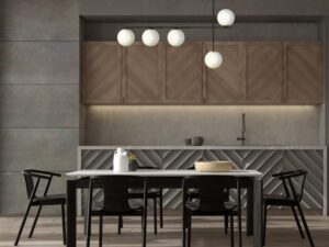 Miniaturka 1 - Lampa wisząca Silia 5 z pięcioma białymi szklanymi kloszami w aranżacji jadalni