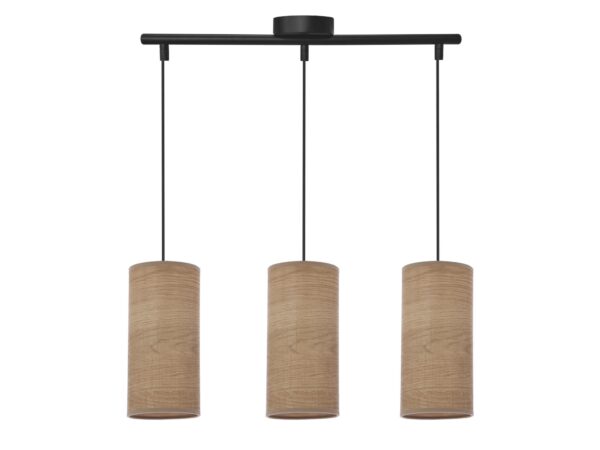 Lampa wisząca Silitena trzy cylindryczne abażury w odcieniu orzecha na czarnej belce
