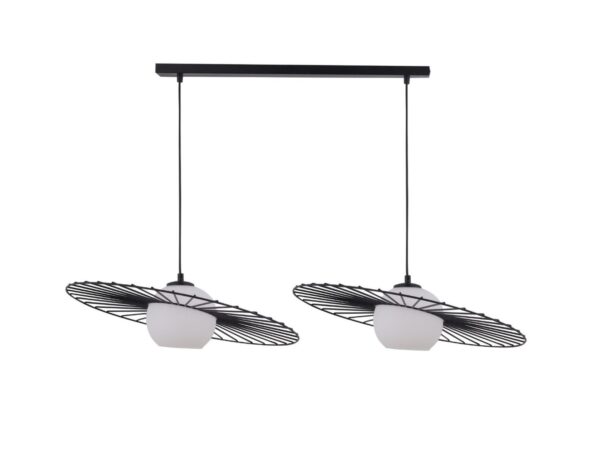 Lampa wisząca Sol 2 czarna z dwoma białymi szklanymi kloszami i ażurowymi obręczami