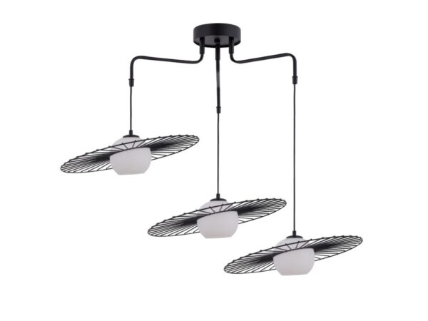 Lampa wisząca Sol 3 czarna z trzema białymi szklanymi kloszami i ażurowymi osłonami