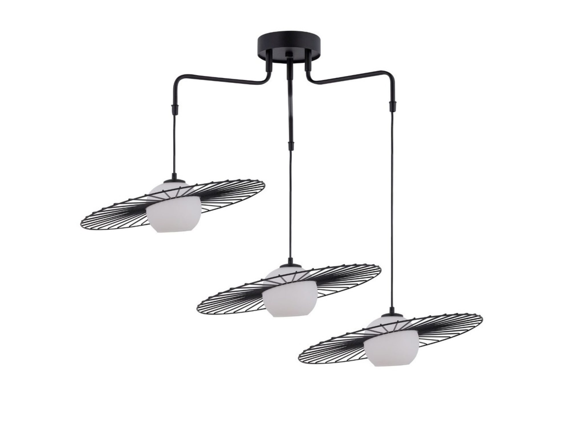 Lampa wisząca Sol 3 czarna z trzema białymi szklanymi kloszami i ażurowymi osłonami