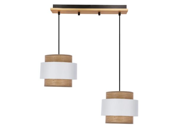 Lampa wisząca Solamano czarna z dwoma biało-drewnianymi abażurami