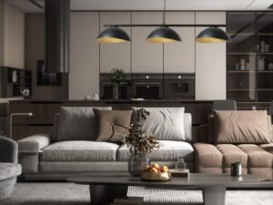 Miniaturka 5 - Aranżacja salonu z czarną lampą Solar 3 S i trzema czarno-złotymi kloszami