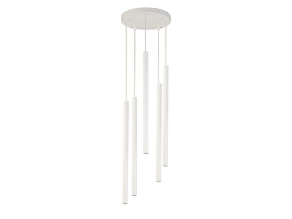 Biała lampa wisząca Sopel 5 koło z pięcioma cylindrycznymi kloszami na okrągłej rozecie