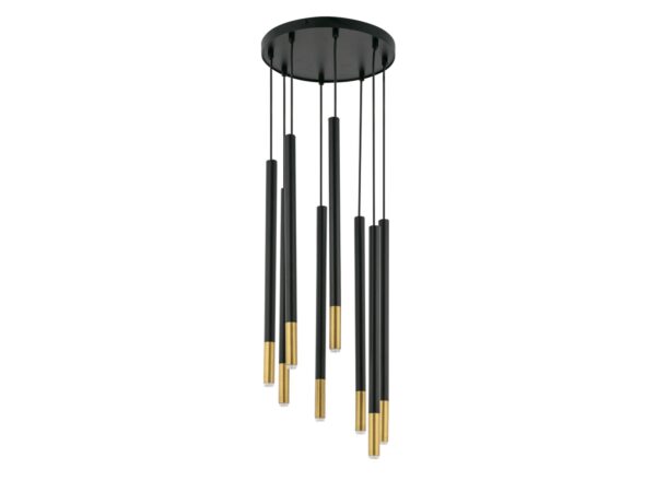 Lampa wisząca Sopel Due 8 czarno-złota, osiem smukłych kloszy na rozecie