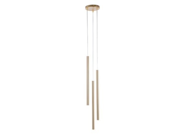 Lampa wisząca Sopel Premium 3 koło, złota szczotkowana, trzy cylindryczne klosze i okrągła rozeta