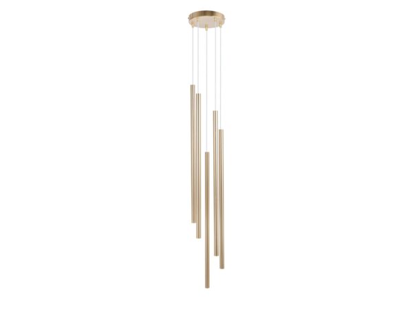Lampa wisząca Sopel Premium 5 koło długi złota szczotkowana z pięcioma stalowymi kloszami