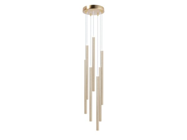 Złota szczotkowana lampa wisząca Sopel Premium 7 koło długi z siedmioma cylindrycznymi kloszami