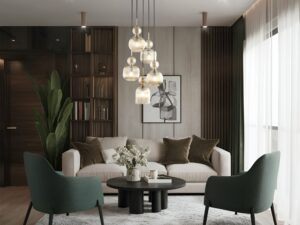Miniaturka 3 - Lampa wisząca Sophia 5-punktowa z kloszami koniakowymi w aranżacji wnętrza